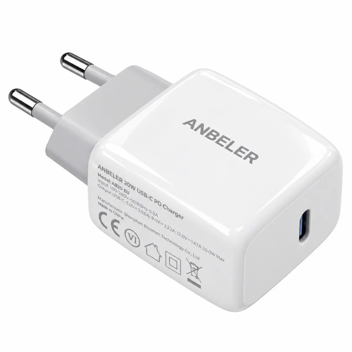 Củ sạc ANBELER USB-C 20W màu trắng với chân tròn EU